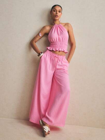 Poéselle 2pcs Woven Women Sleeveless Ruffle Neck Top And Slant Pocket Pants Casual Set Women Vacation Outfit Sets Woman Two Piece Outfit Womens Summer 2 Piece Sets Womens Summer Co Ord