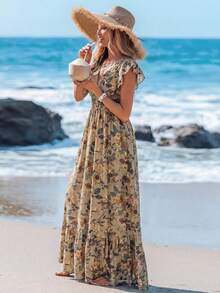 Sylviya 休闲女式褶皱荷叶边短袖收腰荷叶边下摆A字连衣裙，印花图案，适合休闲度假。 - 彩色 - 查看 3