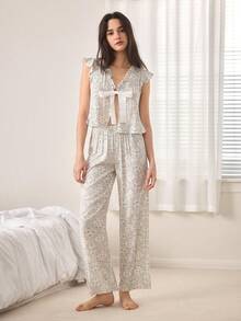 Ocili 2pcs Comfortable Soft Minimalist Drawstring Pants, Women Pajama Set - Blue - View 2