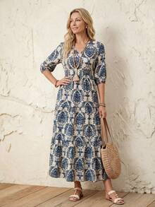 EMERY ROSE 女士 V 领休闲中长款开衩下摆拼接连衣裙，春夏 - 彩色 - 查看 4