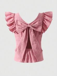 Sparklyn 少女优雅粉色V领梭织衬衫，荷叶边袖口，后背蝴蝶结设计，修身短款上衣，百搭实用，可搭配裙子、喇叭裤、阔腿裤、紧身裤、短裤。 - 粉色 - 查看 3