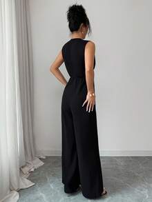 SHEIN Elenzya Elegant Black Sleeveless V-Neck Fitted Waist Jumpsuit, Suitable For Commuting, Travel, Party, Minimalist Design - Black - View 2