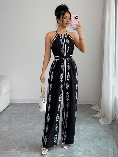 SHEIN Elenzya 标准尺码优雅女士紧身印花休闲连体裤，适合日常穿着、街头、海滩、派对、通勤等场合。