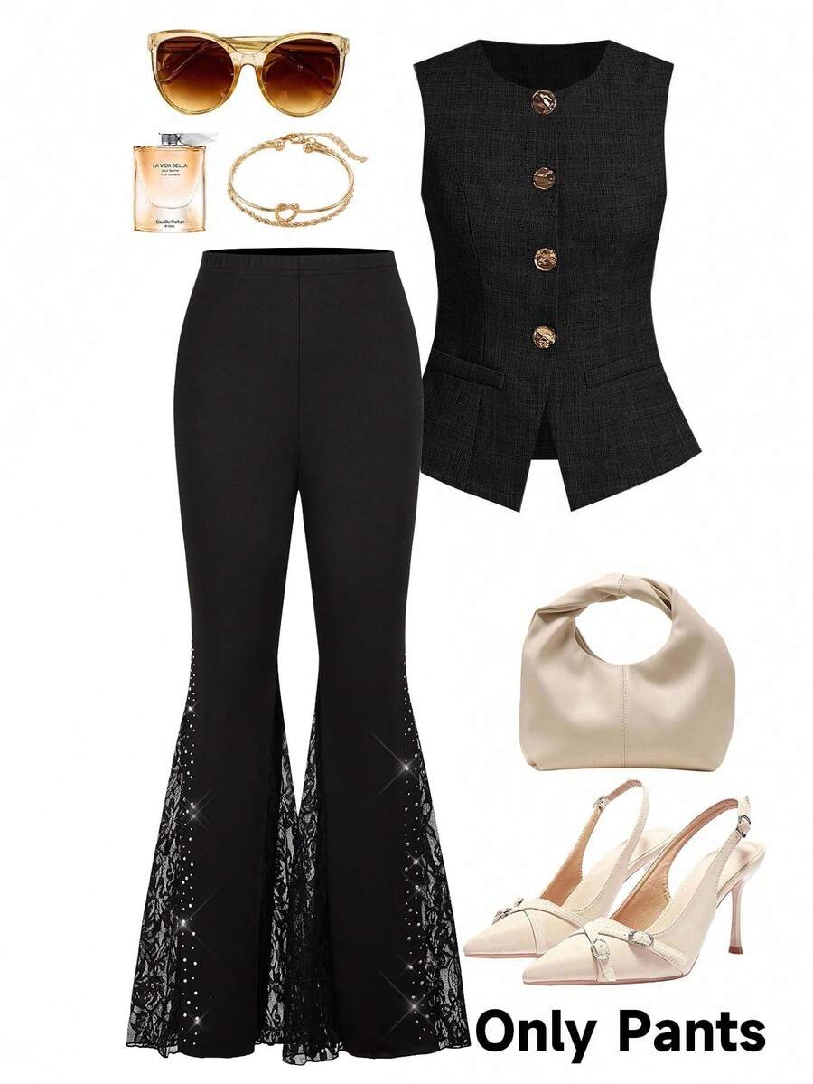 Levarali Damen Schwarze Herbst Klassisch Elegant Party Spitze Strass Schlaghose, Einfarbig Glockenform Petite Business lässig Arbeits Stilvoll - Schwarz - Übersicht 1