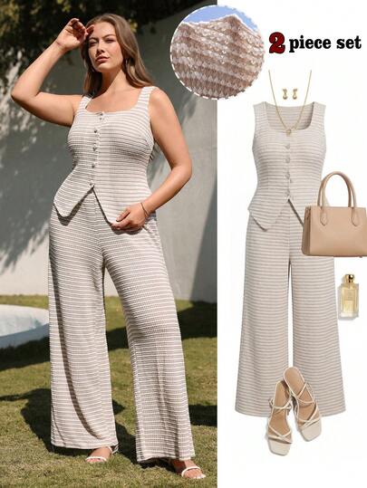 Juhart Plus Size Women's Knit Striped Retro Square Collar Sleeveless Cardigan + Loose Comfortable Wide-Leg Pants Casual Elegant Office 2-Piece Set