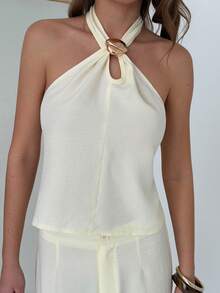 Aloruh 女士新款亚麻质感宽松阔腿裤套装/夏季套装/杏色亚麻质感两件套/度假两件套 - 杏色 - 查看 7