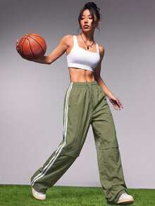 SHEIN Unity Women's Dance Print Drawstring Waist Oblique Pocket Sports Pants - Olive Green - View 3