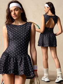 VARSIVA Women's Polka Dot Backless Sleeveless Sports Dress With Shorts - Black - View 1