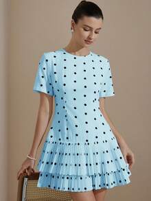 BELROSIE Black & White Polka Dot Print Round Neck Waist Cinched Short Sleeve All-Match Silhouette Hem Layered Ruffle Casual Versatile Women Dress - Blue - View 3