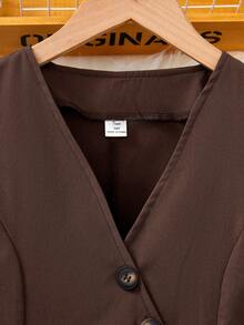 Elladie kids Bộ áo thun ngắn tay cổ chữ V màu trơn dành cho nữ tuổi teen và quần dài. - Cà phê nâu - Xem 4