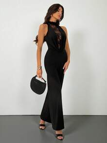 SHEIN Tall 女士纯色蕾丝拼接无袖连体裤，黑色蕾丝边连体裤，适合派对、正式场合、鸡尾酒会、节日活动、圣诞节服装和新年服装。 - 黑色 - 查看 7