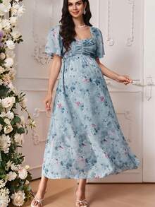 SHEIN 夏季孕妇优雅印花褶皱胸部连衣裙 - 淺藍色 - 查看 2