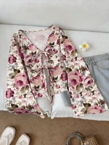 SHEIN LUNE Women's Casual Printed Drawstring Flare Sleeve Top, Suitable For Autumn/Winter - Multicolor - View 5