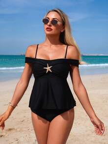 Swim Lushoire 新款黑色露肩泳装，海星装饰荷叶边裙两件套，女士泳衣，收腹塑形，女士度假套装，沙滩装，女士泳装，女士沙滩装，收腹连体泳衣，带罩衫，女士度假套装，女士泳装，女士沙滩装，保守上衣，女士背心式沙滩装 - 黑色 - 查看 8