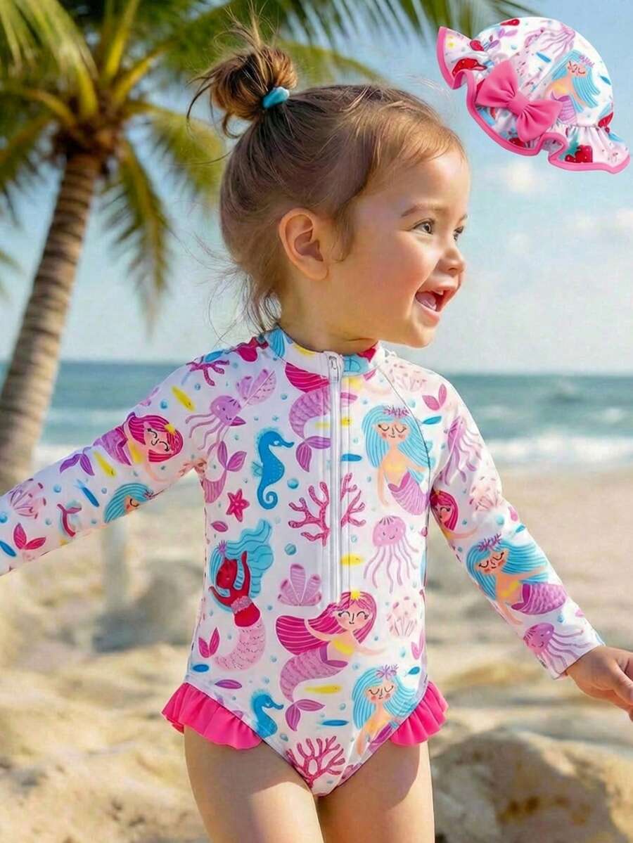 LMoss Kids 2pcs/Set Babygirl Cute Mermaid Print Swimsuit With Hat, Summer Holiday - Multicolor - View 1