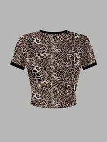 女童休闲百搭日常豹纹字母印花圆领短款紧身T恤，街头风，夏季 - 玫紅色 - 查看 3