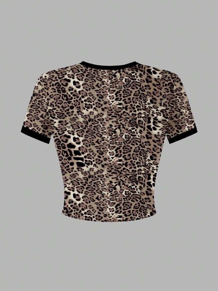 Áo thun ngắn tay cổ tròn ôm sát, cơ bản, đa năng, in họa tiết da báo và chữ cái, phong cách đường phố, dành cho bé gái, thích hợp mặc hàng ngày, mùa hè. - Màu Hồng Tươi - Xem 3