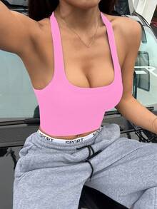 Dewbera Sujetador deportivo sin costuras para mujer, top corto deportivo inalámbrico, ropa interior deportiva para correr - Rosa - Ver 5