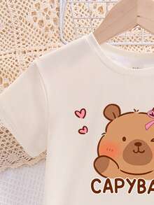 Bộ đồ ngủ ngắn tay cổ tròn, dễ thương, vui nhộn, mềm mại, đáng yêu dành cho bé gái tuổi teen, họa tiết Capybara hoạt hình, sọc hồng, vàng kem, phù hợp cho mùa hè - Nhiều màu - Xem 4