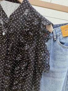 Franclia French Retro Polka Dot Sleeveless Chiffon Blouse. Classic Black And White Polka Dot Chiffon Fabric, Breathable And Smooth. It Won't Make You Sweat In Summer. It Has A Hazy And Transparent Quality. The Ruffled Stand-Up Collar And Placket Design Show A Retro Style. It Is Suitable For Snrina And Women In Summer. It Is Suitable For Summer, Spring, Easter, Festivals, Parties, Beach Weddings, Graduation Ceremonies, Outdoor Activities, Birthday Celebrations, Elegant Vacations, Casual Wear, Luxurious Style, Sportswear, Formal Wear, And Graduation Season Clothing. It Is Also Suitable For Fashionable Casual Commuting Wear, Business Office Wear, Versatile And Fashionable Daily Casual Wear, And Urban Teacher Professional Wear. - Black - View 6