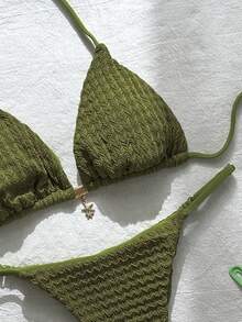 Swim Mod 女士夏季纯色米黄色提花面料星星装饰挂脖比基尼套装 - 軍綠色 - 查看 4