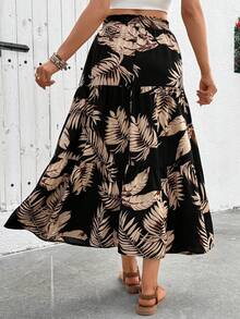 SHEIN Holidaya Chân váy chữ A nữ có dây rút eo, họa tiết lá cây, kiểu dáng thường ngày, đa năng, thích hợp cho hẹn hò và đi chơi. - màu đen - Xem 2