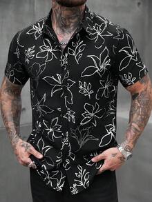 Manfinity Homme 男士休闲装，度假必备：黑色短袖衬衫，简约数码印花，宽松版型，纽扣开合。男女通用，纽扣衬衫，黑白衬衫。男士经典款，适合日常休闲、周末旅行、户外活动、探险旅行、轻松的工作环境或半正式场合，也可作为男友/丈夫礼物、周年纪念/生日礼物、派对、暑假、婚礼、春夏交替、狂欢节等场合穿着。男士黑色印花短袖纽扣衬衫，时尚夏威夷风情上衣，黑白男士衬衫，男士印花纽扣衬衫，男士花衬衫，芙蓉花衬衫，黑白夏威夷衬衫。 - 黑色 - 查看 7