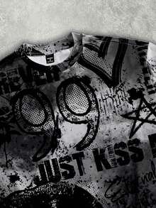 Manfinity ZONE917 Áo thun crop top dáng rộng, thoải mái kiểu streetwear với họa tiết graffiti môi đỏ "JUST" - Nhiều màu - Xem 2