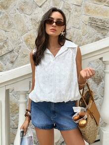 SHEIN Frenchy Women's Floral Textured Casual Sleeveless Loose Shirt,French Summer White Hollow Embroidery Collar Sleeveless Blouse, Loose Versatile Collar Design, Essential For Casual, Commute, And Vacation,Summer Top,Beach Outfits,Casual Blouses For Women,Vacation Outfits Women,Work Tops For Women,Peplum Top,White Blouse Beach Outfit For Women Conservative Top Summer Blouse For Women Summer Casual Outfits For Women Polo Blouse For Women Casual - Beige - View 4