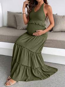 SHEIN 孕妇流苏U领无袖露背夏季吊带上衣和短裤两件套 - 軍綠色 - 查看 5