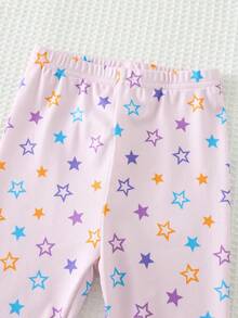 Cozy Pixies 女婴贴身睡衣套装，紫色卡通独角兽夜光可爱图案针织柔软圆领短袖上衣和松紧腰打底裤，两件套。本产品需紫外线照射才能发光。 - 紫色 - 查看 5