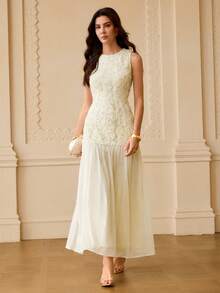 ZEYLAH Đầm chiffon không tay dáng ôm, thêu ren 3D họa tiết hoa mới, dành cho nữ, bộ sưu tập Xuân/Hè. - Màu be - Xem 7