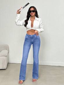 EURMUSE Women's Pocket Washed Flare Casual Versatile Jeans - Light Wash - View 6