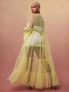 Vixey Sheer Mesh Bell Sleeve Tiered Flowy Layering Dress - Yellow - View 2