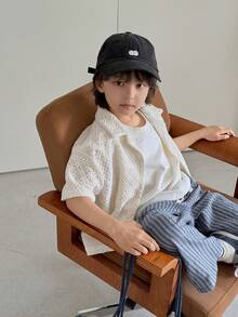 Dazy Kids 男童休闲度假风纯色纹理面料宽松衬衫，夏季 - 杏色 - 查看 1