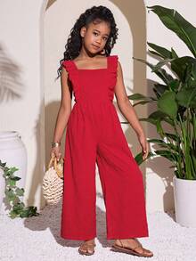 Tween Girl Casual Red Textured Jumpsuit - Red - View 4