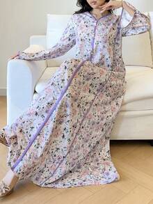 Al Najma Plus Size Women Elegant Floral Print Split Sleeve Arabic Style Dress - Multicolor - View 2