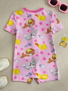 LOONEY TUNES X SHEIN Baby Girl Cartoon Print Button Decor Round Neck Short Sleeve Romper - Pink - View 2