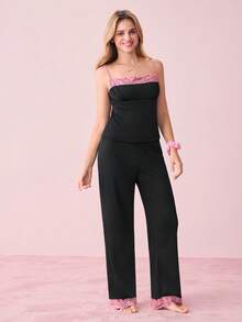 女士蕾丝拼布吊带上衣和长裤睡衣套装 - 黑色 - 查看 6