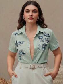 Anewsta Damen elegante Bluse mit floraler Stickerei und Kurzarm, vielseitig einsetzbar für Urlaub, moderne Mode und Pendeln - Minzgrün - Übersicht 1