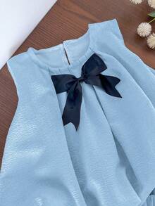Genkimix Kids 2pcs Young Girl Bow Decor Casual Sleeveless Top + Solid Color Casual Shorts Set - Blue - View 3