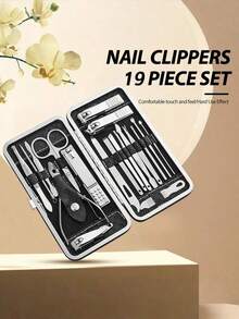 19 Piece Stainless Steel Nail Clipper Set Manicure Pedicure Kit With Storage Case Professional Grooming Tools Include Cuticle Pusher Scissors Nail File For Home Travel Salon Gift - Black - View 2