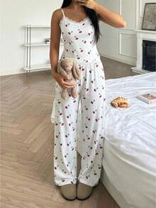SHEIN Teen Girls Cute Cherry Print Lace V-Neck Camisole + Pants Pajama Set, Soft & Comfortable Cotton Pajama Set Cute Pajama Set Cherry Print Pajama Set Matching Pajama Set - Multicolor - View 1