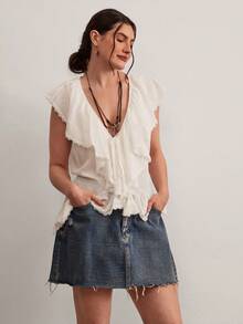 Freevana Bohemian Style White Lace Sleeveless Blouse, V-Neck Drawstring Ruffle Hem Tassel Shirt, Relaxed Loose Flattering Niche Design Top - White - View 3