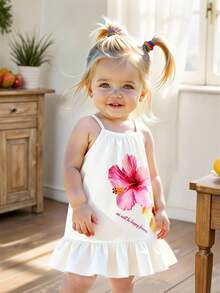 SHEIN Playful Pals 女婴碎花连衣裙，白色底，鲜艳的花朵图案，无袖设计，适合夏季穿着，是女孩夏季服装的甜美之选。 - 彩色 - 查看 3