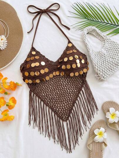 Soleia Top de punto con cuello halter, decoración de lentejuelas y flecos en el bajo para vacaciones de mujer