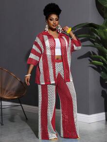 Slaydiva 新款假日休闲简约镂空衬衫领长袖开衫+阔腿裤蓝绿色针织两件套 - A - 紅白色 - 查看 5