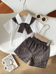 SHEIN 0-3岁男婴印花披肩、短袖衬衫和松紧腰字母印花短裤套装，适合所有季节、短途旅行、度假、外出、休闲、日常居家穿着、叠穿，适合3个月至24个月的男婴服装 - 彩色 - 查看 8