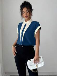 Selianne Women's Contrast Color Front Button Elegant Summer Short Sleeve Blouse - Multicolor - View 4
