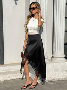 Pariaura 高腰显瘦醋酸纤维蕾丝开衩裙，优雅百搭，适合外出和通勤。 - 黑色 - 查看 5